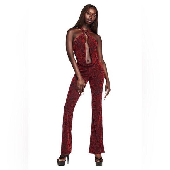 I.AM.GIA Pants - NWT I.Am.Gia SZ XL Valentina Jumpsuit Burnout Plunge Neck Backless Flare Velvet